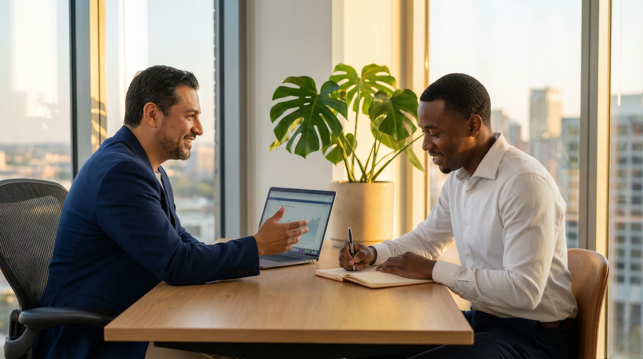 Two men discussing a career plan at a table with a laptop and notebook